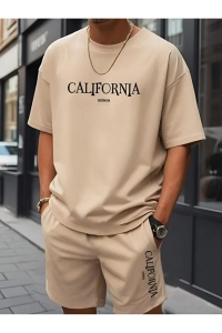 Bej California Baskılı Alt Ust Şortlu Oversize Takım